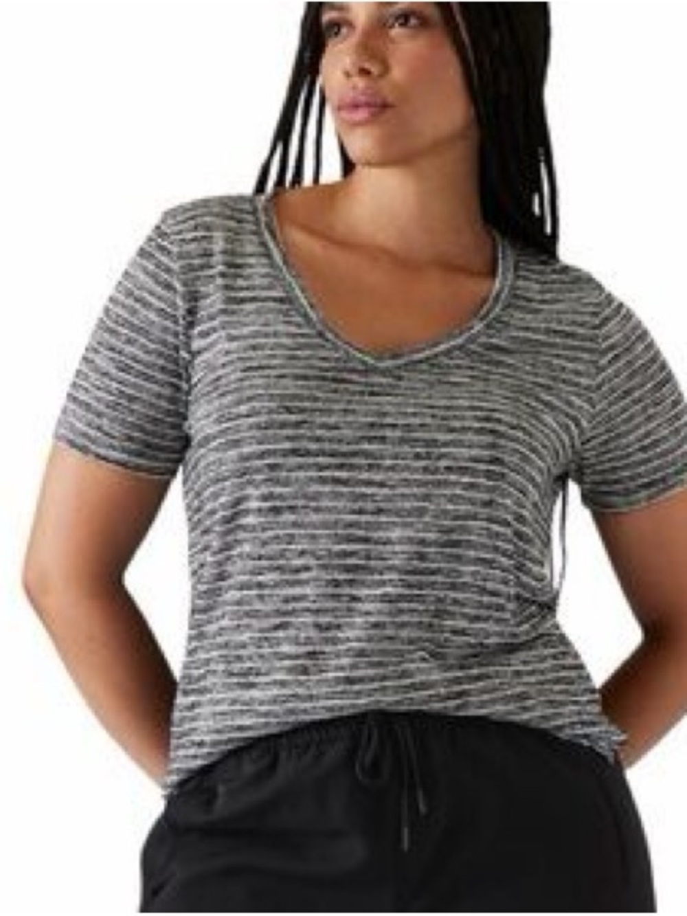 Athleta Breezy Scoop Gray/Black Striped V-Neck Short Sleeve Tee